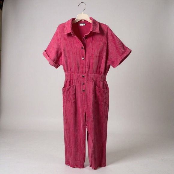 white birch Pants - White Birch Pink Gauze Button-Up Jumpsuit | Size Large  boho beachy cottagecore